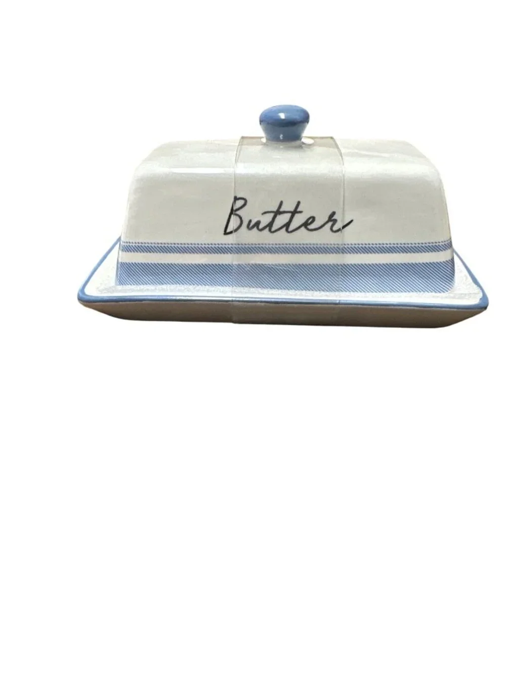 Butter dish dairy. Kitchen blue and white features fluted detail script butter